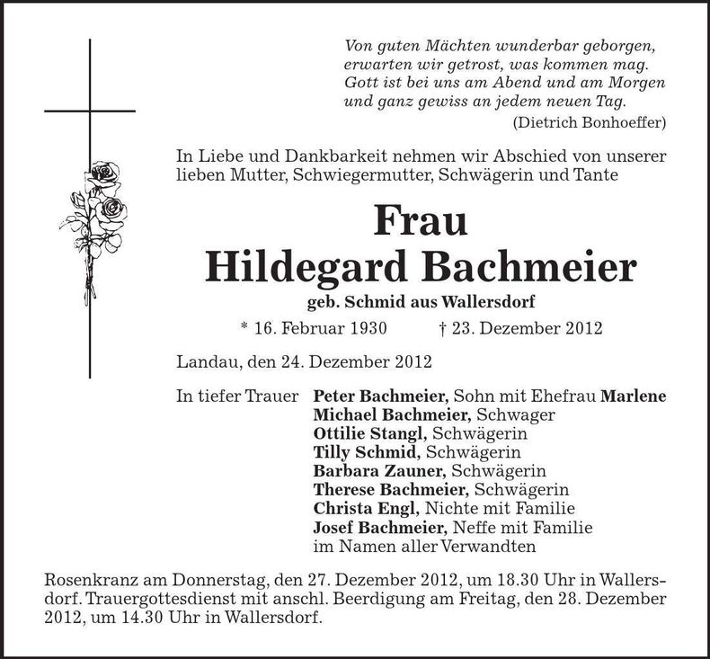 Traueranzeige Hildegard Bachmeier