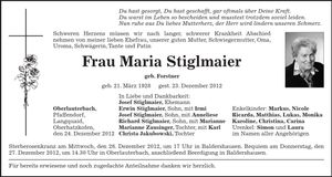 Traueranzeige Maria Stiglmaier