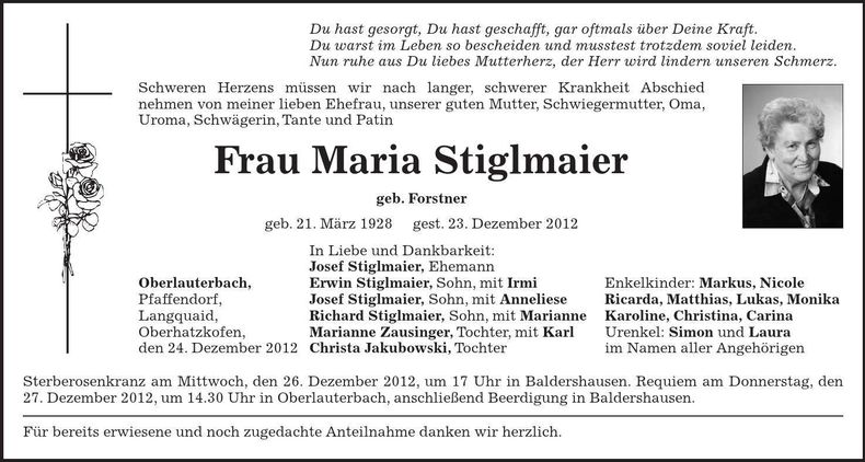 Traueranzeige Maria Stiglmaier