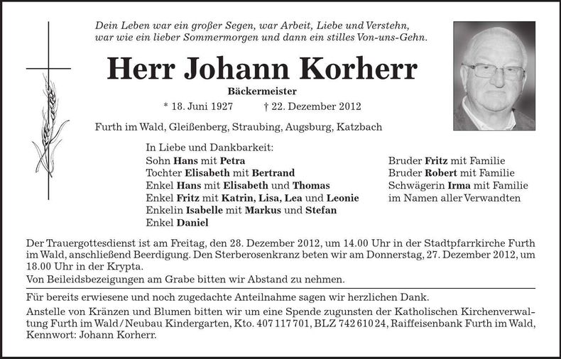 Traueranzeige Johann Korherr