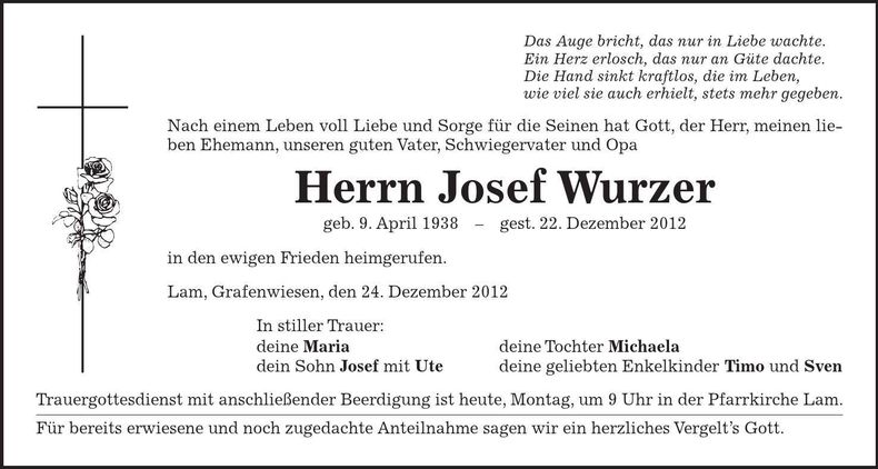 Traueranzeige Josef Wurzer