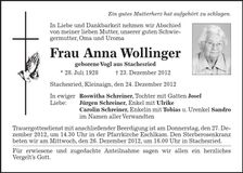 Traueranzeige Roswitha Schreiner
