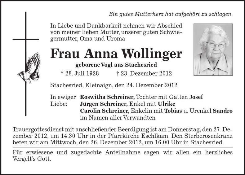 Traueranzeige Roswitha Schreiner