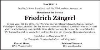 Traueranzeige Friedrich Zängerl