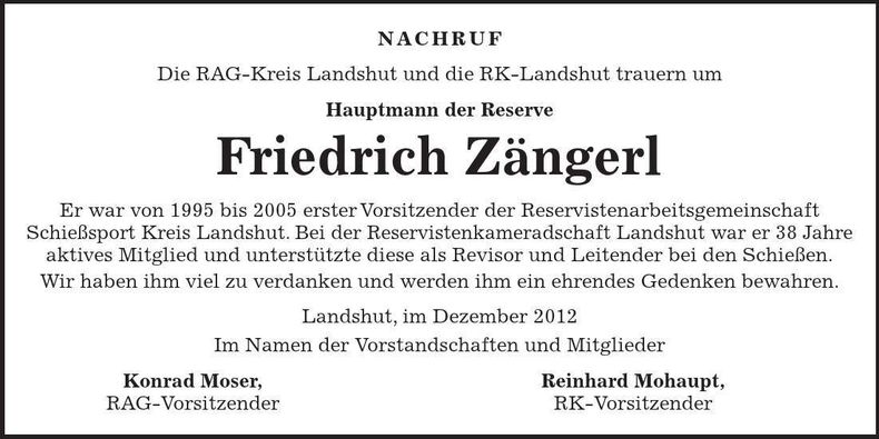 Traueranzeige Friedrich Zängerl