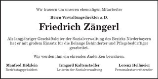 Traueranzeige Friedrich Zängerl