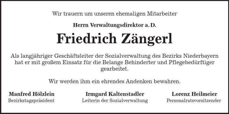 Traueranzeige Friedrich Zängerl