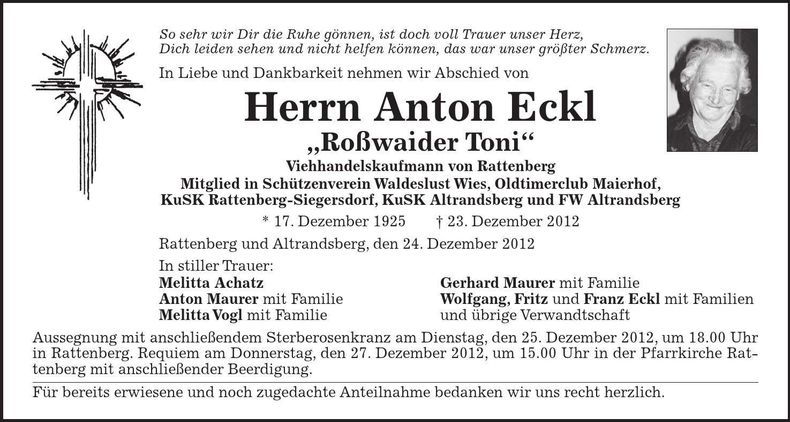 Traueranzeige Anton Eckl