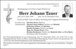 Traueranzeige Johann Tauer