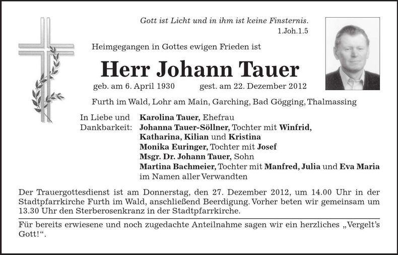 Traueranzeige Johann Tauer