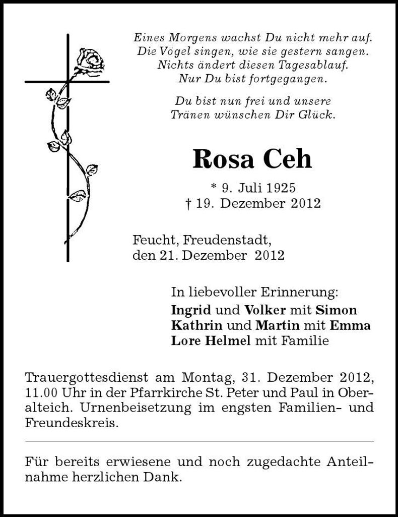 Traueranzeige Rosa Ceh