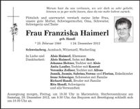 Traueranzeige Franziska Haimerl