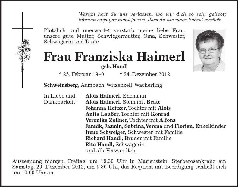 Traueranzeige Franziska Haimerl