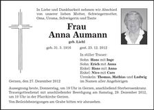 Traueranzeige Anna Aumann