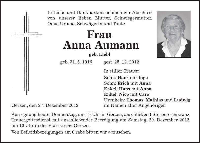 Traueranzeige Anna Aumann