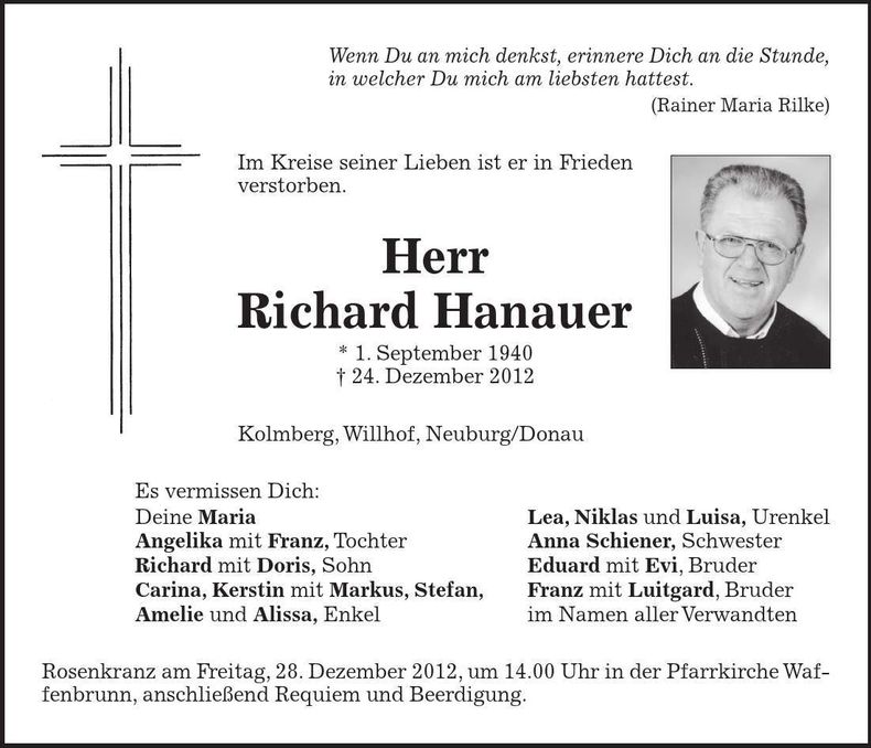Traueranzeige Richard Hanauer