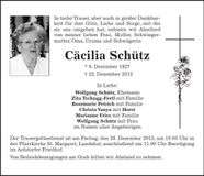 Traueranzeige Cäcilia Schütz