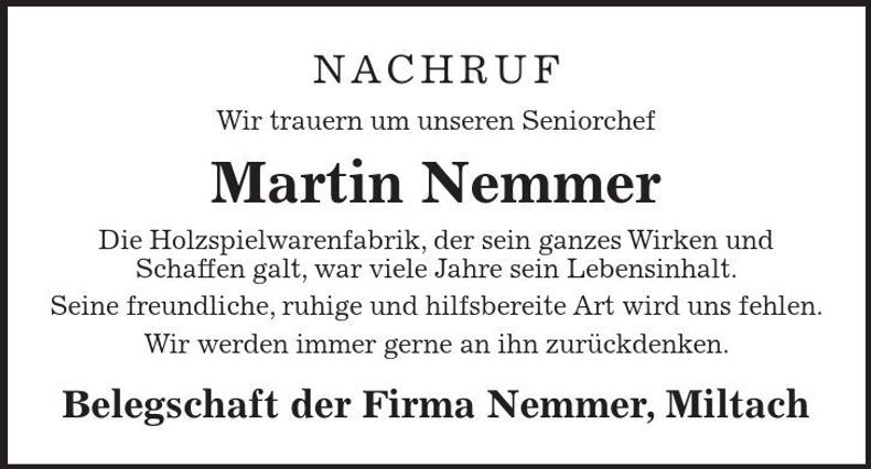 Traueranzeige Martin Nemmer