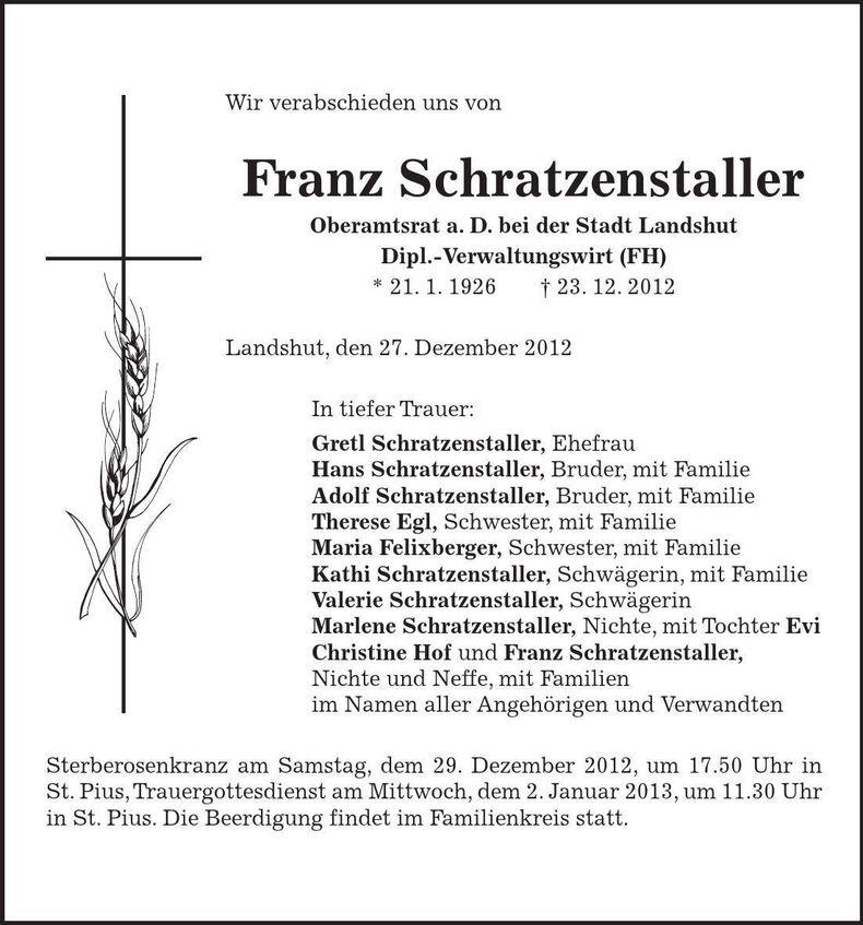 Traueranzeige Franz Schratzenstaller