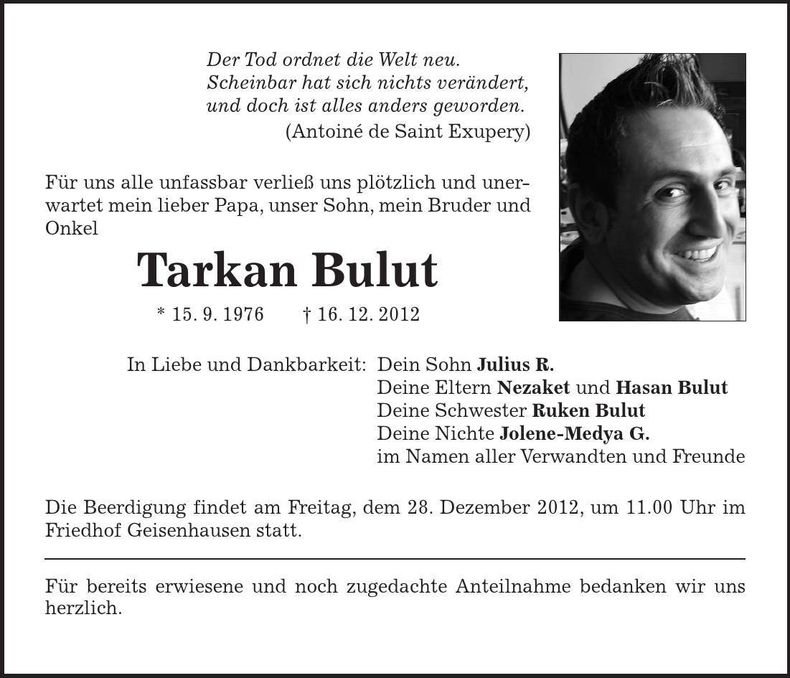 Traueranzeige Tarkan Bulut