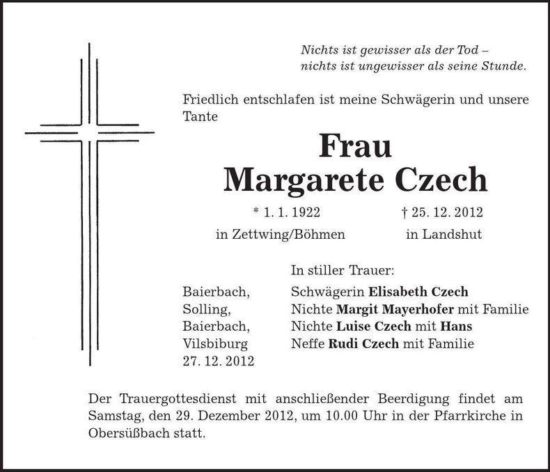 Traueranzeige Margarete Czech