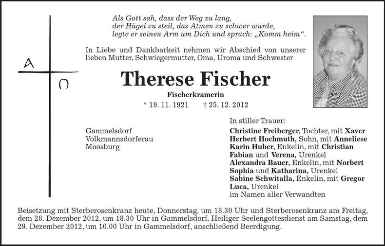 Traueranzeige Therese Fischer