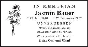 Traueranzeige Jasmin Bauer