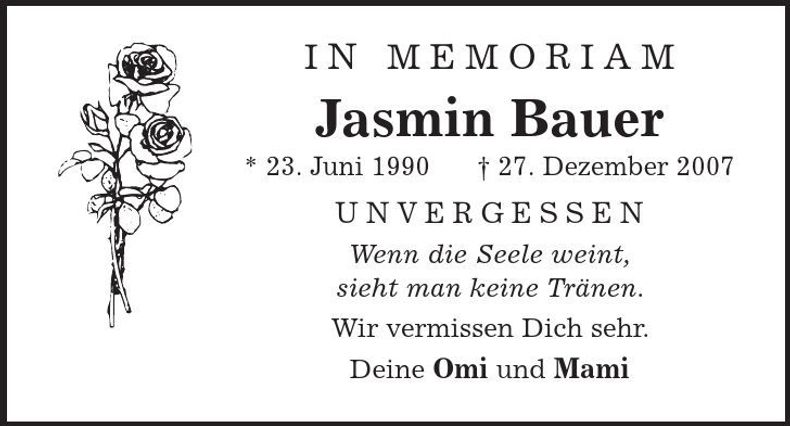 Traueranzeige Jasmin Bauer