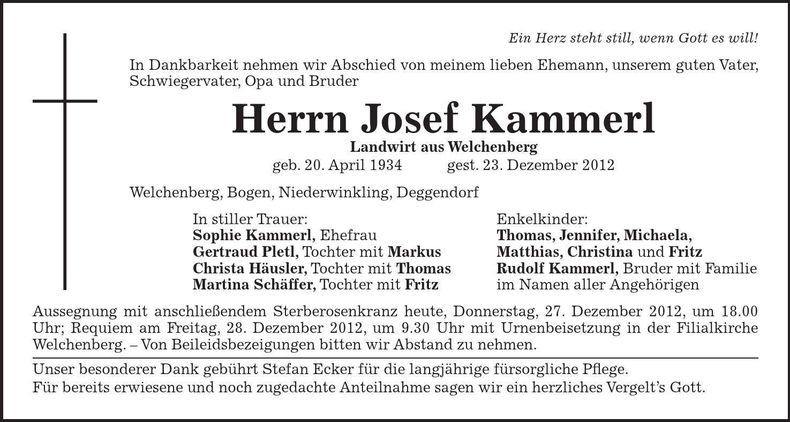 Traueranzeige Josef Kammerl