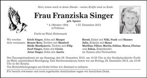 Traueranzeige Franziska Singer