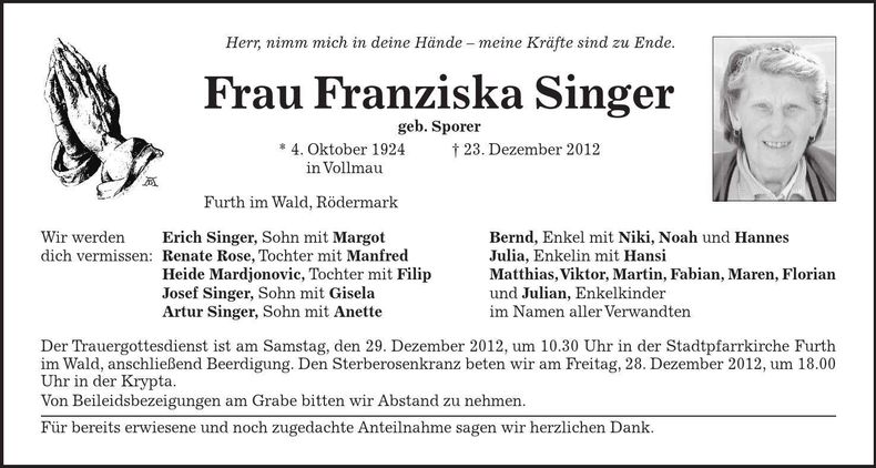 Traueranzeige Franziska Singer