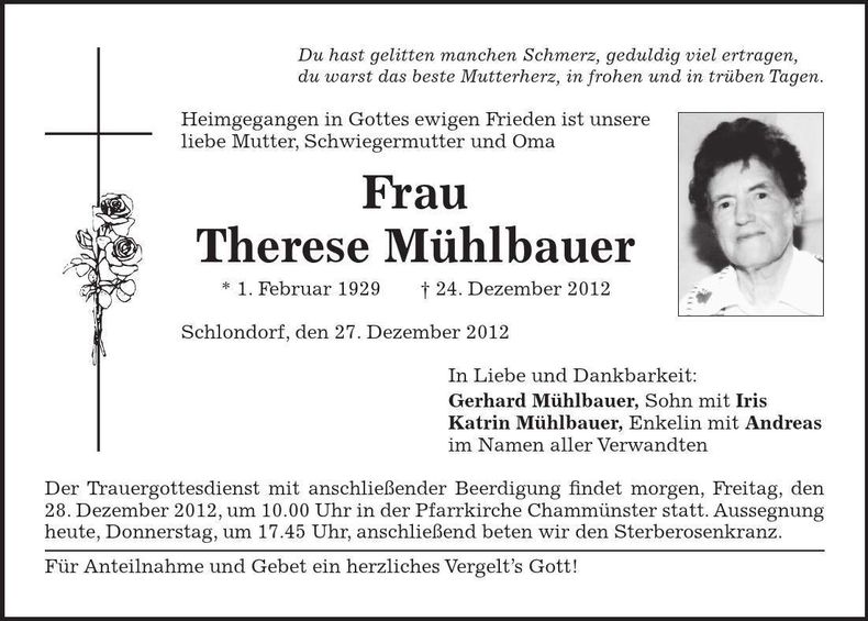 Traueranzeige Therese Mühlbauer