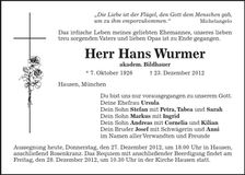 Traueranzeige Hans Wurmer