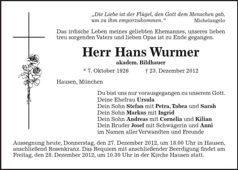Traueranzeige Hans Wurmer