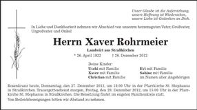 Traueranzeige Xaver Rohrmeier