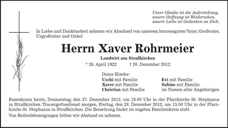 Traueranzeige Xaver Rohrmeier
