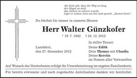 Traueranzeige Walter Günzkofer