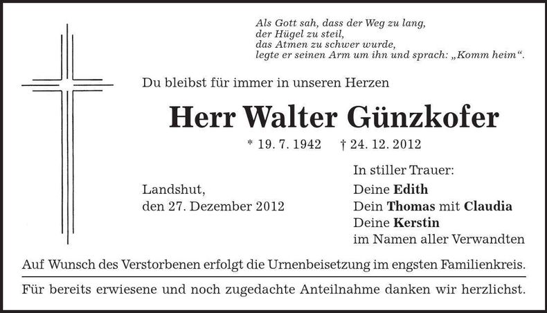 Traueranzeige Walter Günzkofer