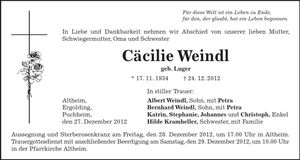 Traueranzeige Cäcilie Weindl