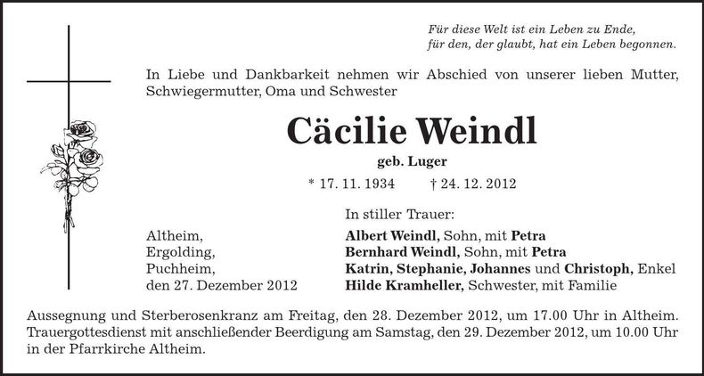 Traueranzeige Cäcilie Weindl