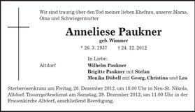 Traueranzeige Anneliese Paukner