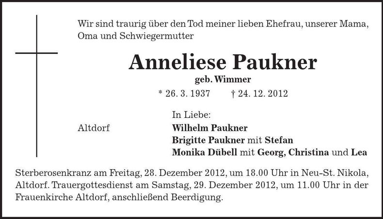 Traueranzeige Anneliese Paukner