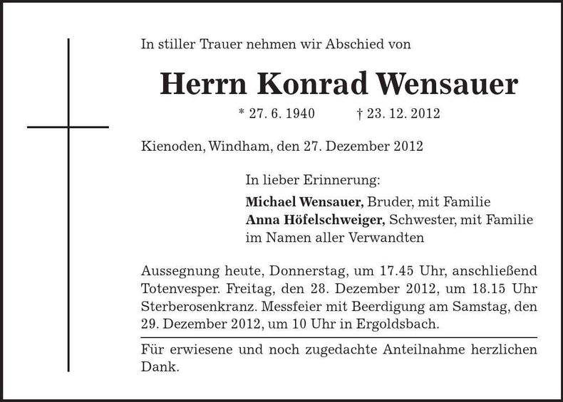Traueranzeige Konrad Wensauer
