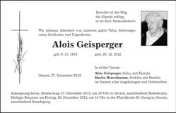 Traueranzeige Alois Geisperger