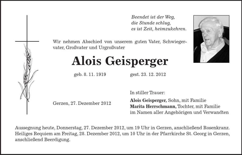 Traueranzeige Alois Geisperger