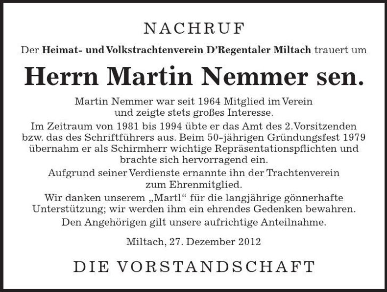 Traueranzeige Martin Nemmer