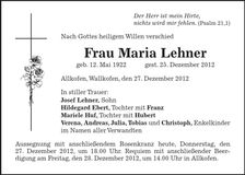 Traueranzeige Maria Lehner