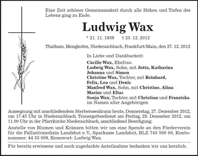 Traueranzeige Ludwig Wax