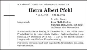 Traueranzeige Albert Pfohl