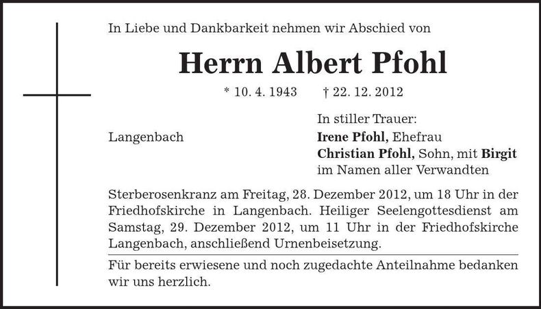 Traueranzeige Albert Pfohl